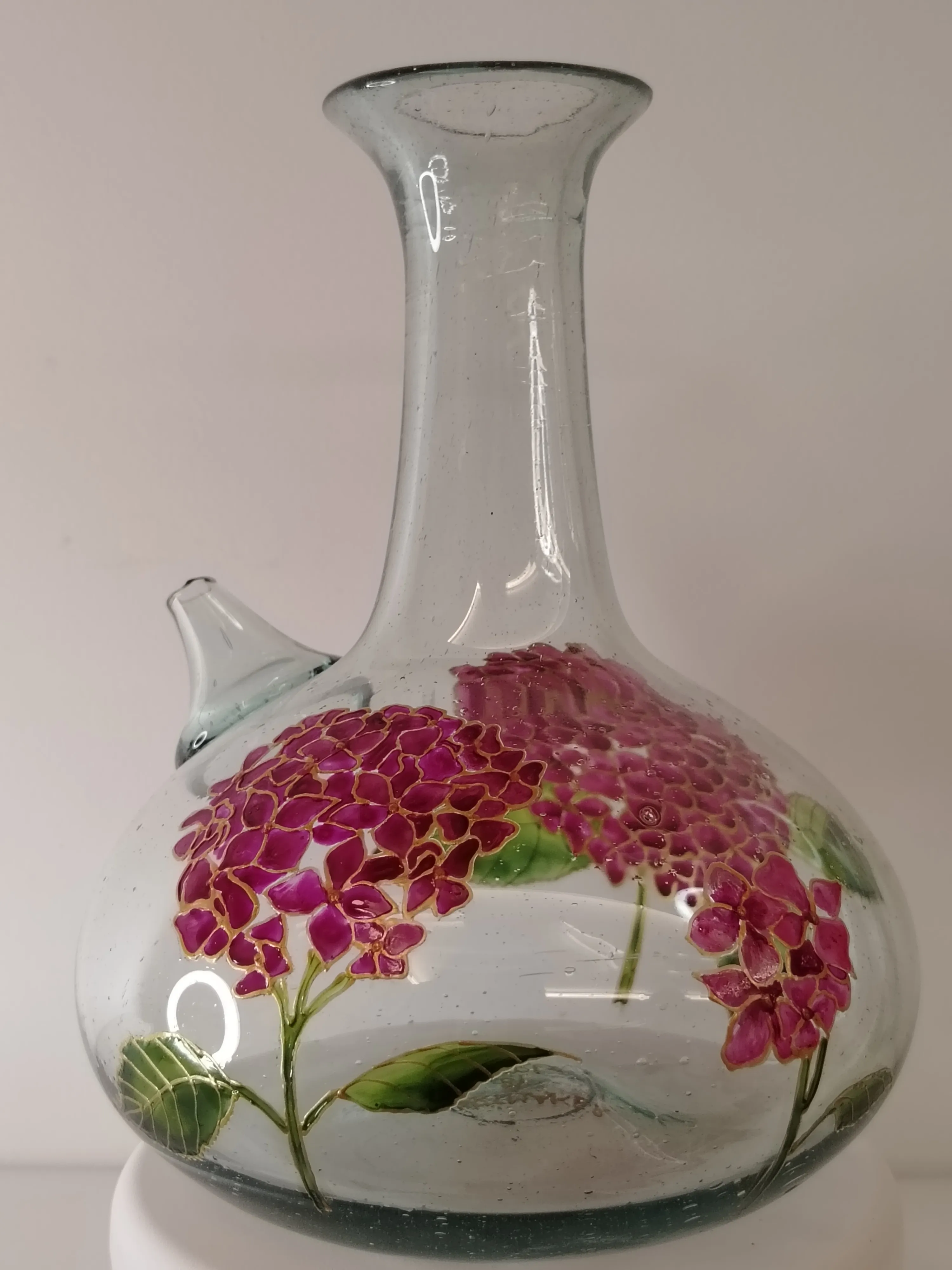 Hand-painted glass jug with warm-toned tulips and gold detailing