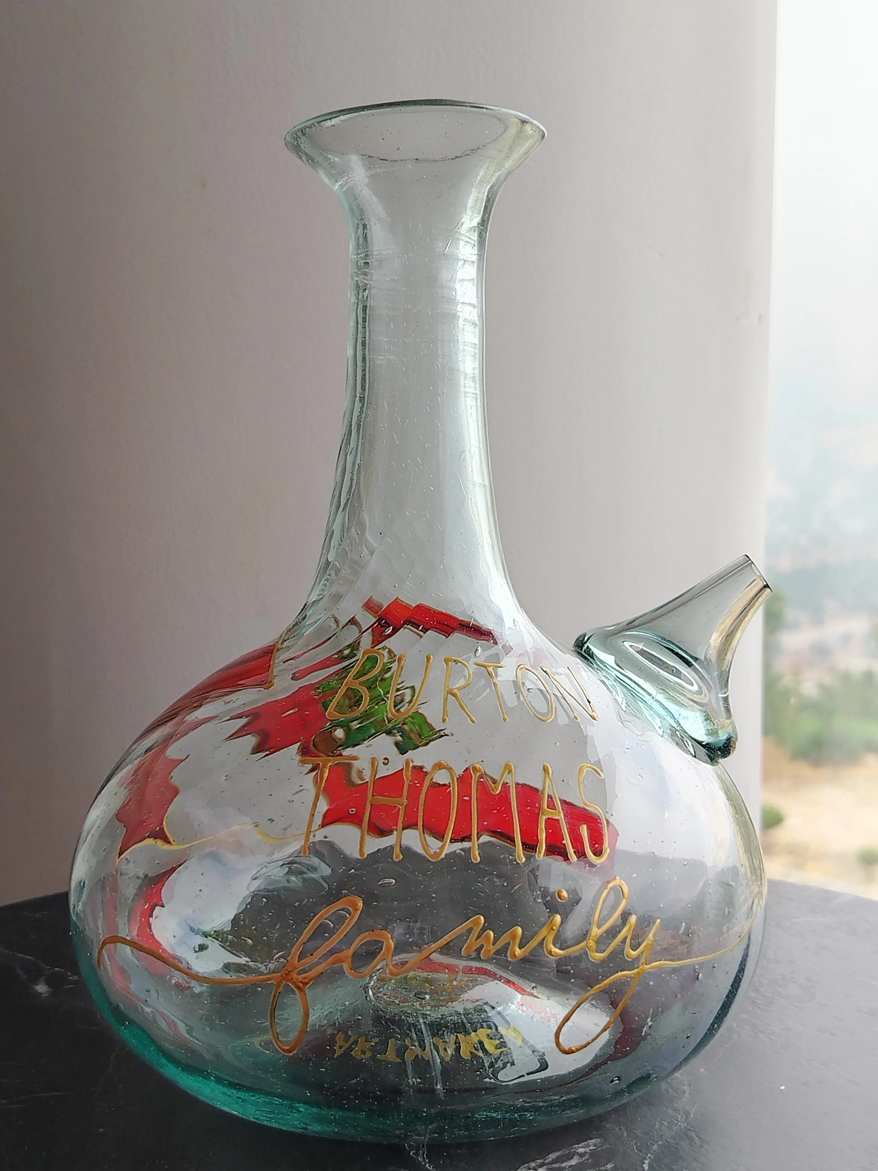 Custom hand-painted glass jug commissioned for the Burton-Thomas family